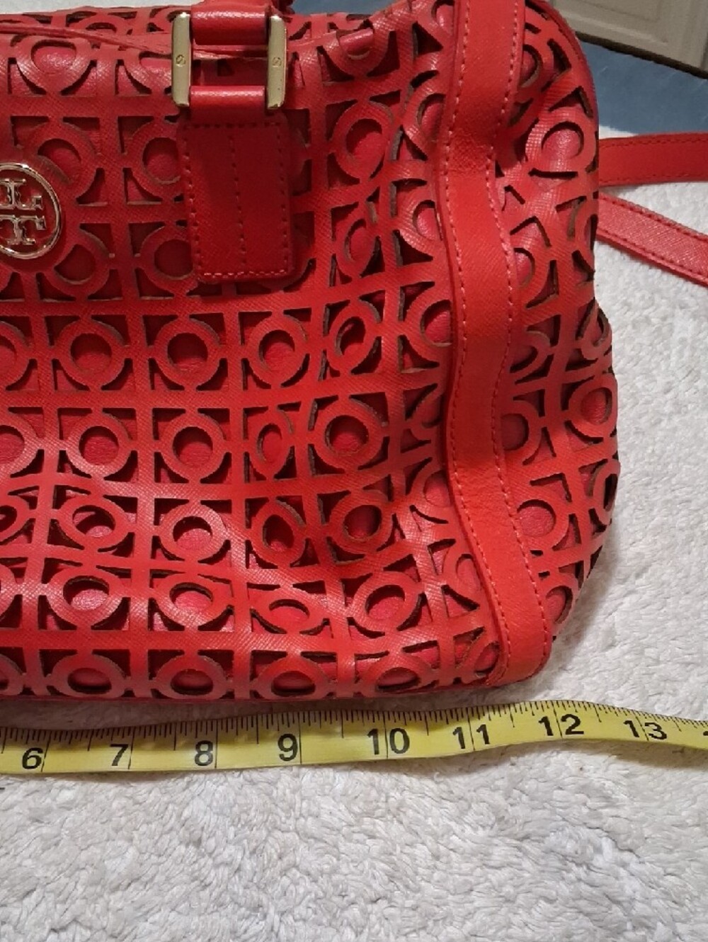 Tory Burch Red Perforated Leather Satchel with Removable Strap - Picture 14 of 15